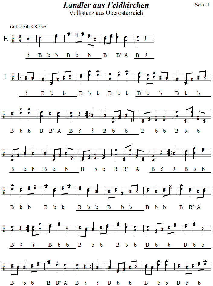Landler aus Feldkirchen, Seite 1, in Griffschrift fr Steirische Harmonika. 
Bitte klicken, um die Melodie zu hren.