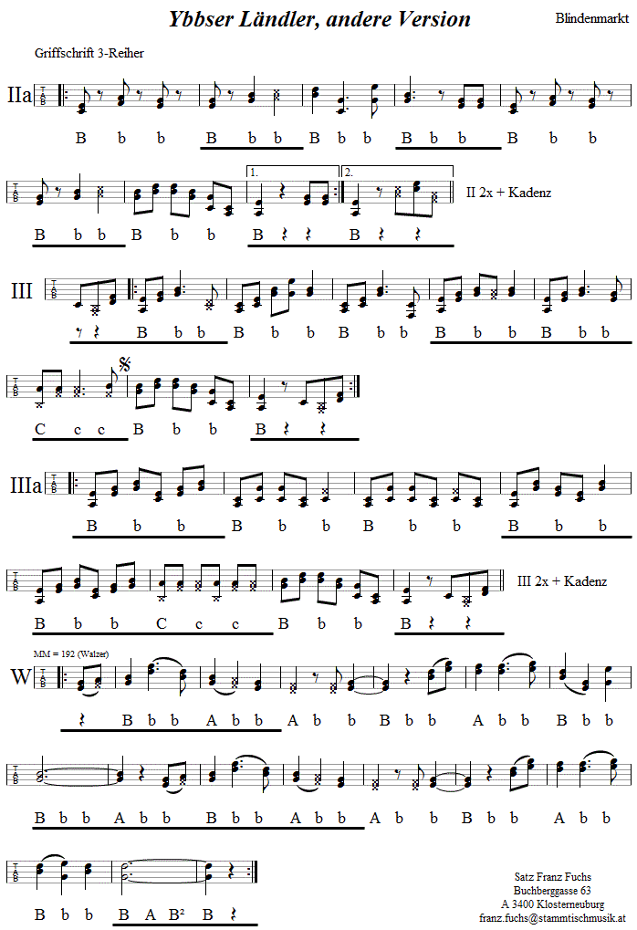 Ybbsfelder Landler, Originalmelodie in Griffschrift fr Steirische Harmonika, Seite 2. 
Bitte klicken, um die Melodie zu hren.
