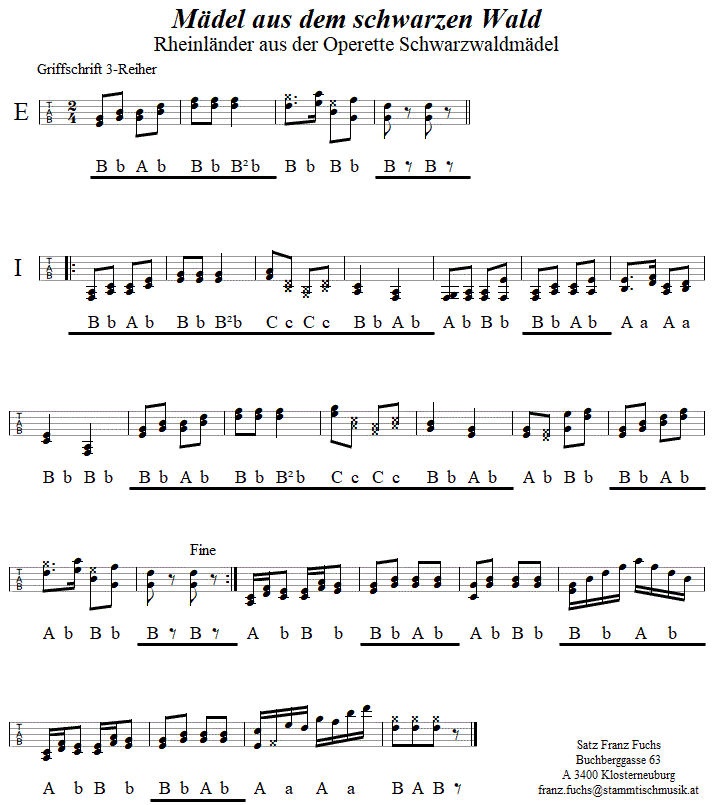 Mdel aus dem Schwarzen Wald, in Griffschrift fr Steirische Harmonika.
Bitte klicken, um die Melodie zu hren.