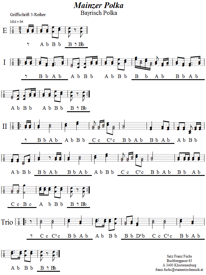 Mainzer Polka (Bayrisch Polka, Boarisch) in Griffschrift fr steirische Harmonika.
Bitte klicken, um die Melodie zu hren.