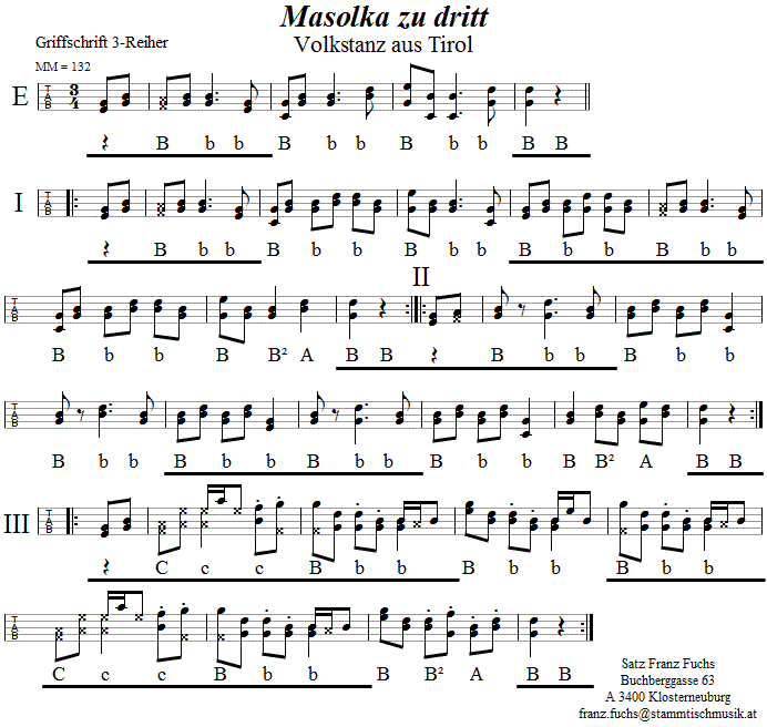 Masolka zu dritt in Grfiffschrift fr Steirische Harmonika. 
Bitte klicken, um die Melodie zu hren.