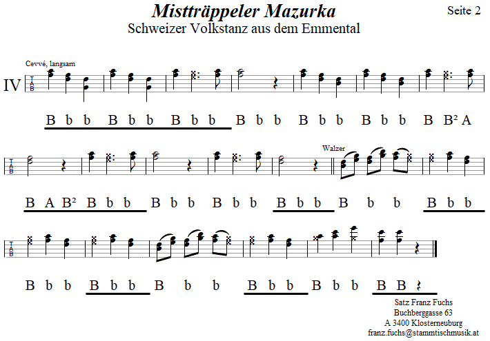 Misttrppeler Mazurka, Seite 2, in Griffschrift fr Steirische Harmonika.
Bitte klicken, um die Melodie zu hren.