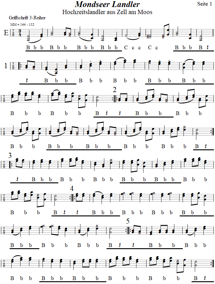 Mondseer Landler (Hochzeitslandler aus Zell am Moos), Seite 1, in Griffschrift fr Steirische Harmonika. 
Bitte klicken, um die Melodie zu hren.