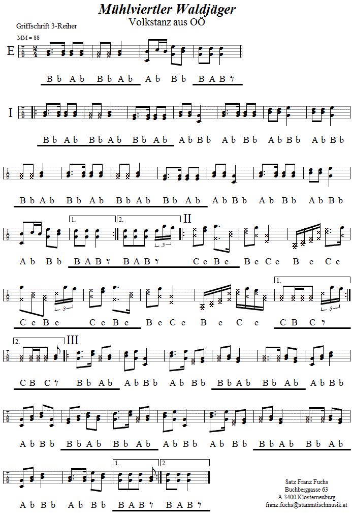 Mhlviertler Waldjger in Griffschrift fr steirische Harmonika. 
Bitte klicken, um die Melodie zu hren.