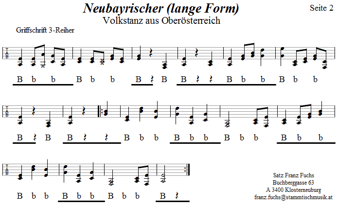 Neubayrischer, lange Form, Seite 2, in Griffschrift fr Steirische Harmonika.
Bitte klicken, um die Melodie zu hren.