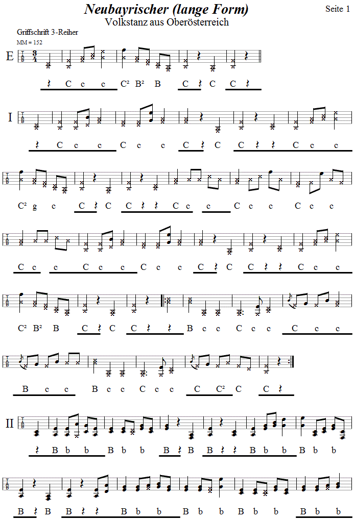 Neubayrischer, lange Form, Seite 1, in Griffschrift fr Steirische Harmonika.
Bitte klicken, um die Melodie zu hren.