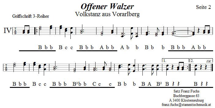 Offener Walzer, Seite 2 in Griffschrift fr Steirische Harmonika. 
Bitte klicken, um die Melodie zu hren.