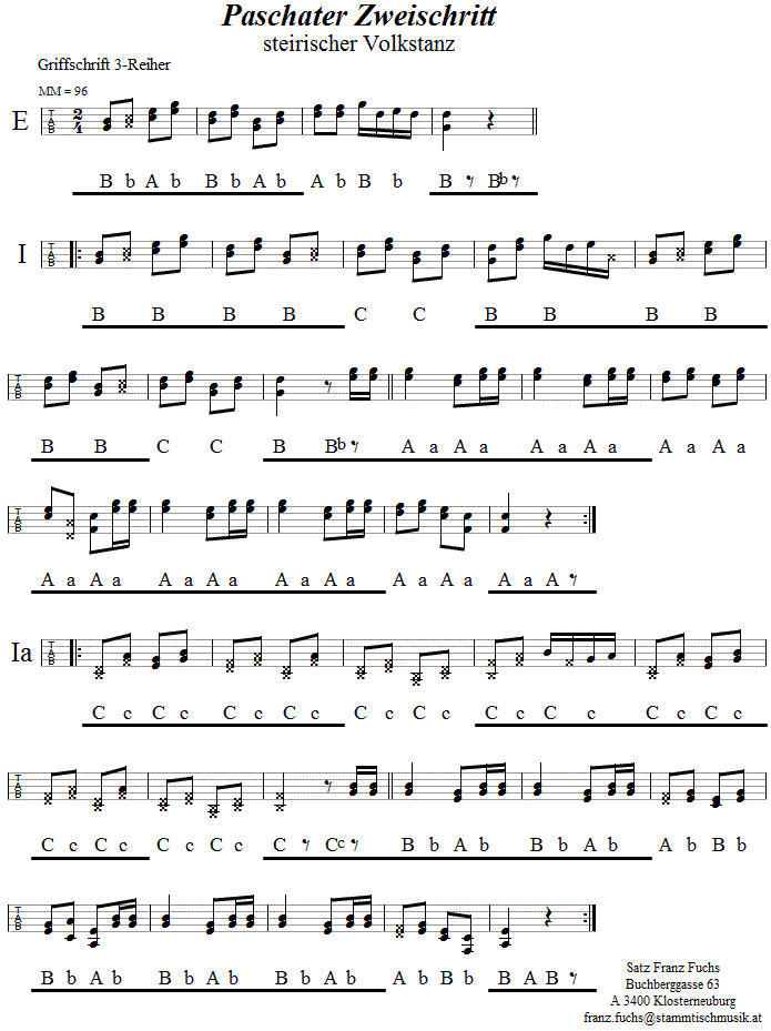 Paschater Zweischritt (Paschater Zwoaschritt) in Griffschrift fr Steirische Harmonika.
Bitte klicken, um die Melodie zu hren.