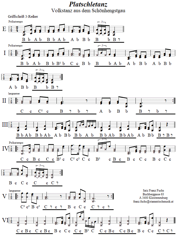 Platschletanz in Griffschrift fr Steirische Harmonika. 
Bitte klicken, um die Melodie zu hren.