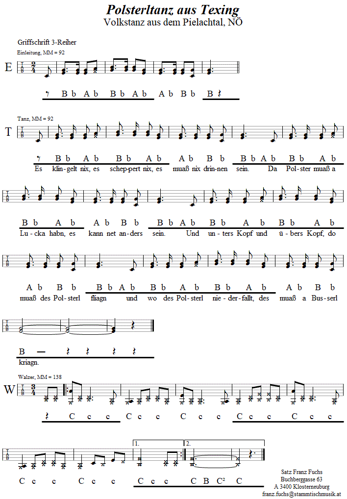 Polsterltanz aus Texing in Griffschrift fr Steirische Harmonika. 
Bitte klicken, um die Melodie zu hren.