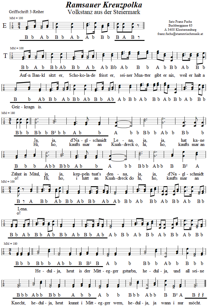 Ramsauer Kreuzpolka in Griffschrift fr steirische Harmonika.
Bitte klicken, um die Melodie zu hren.