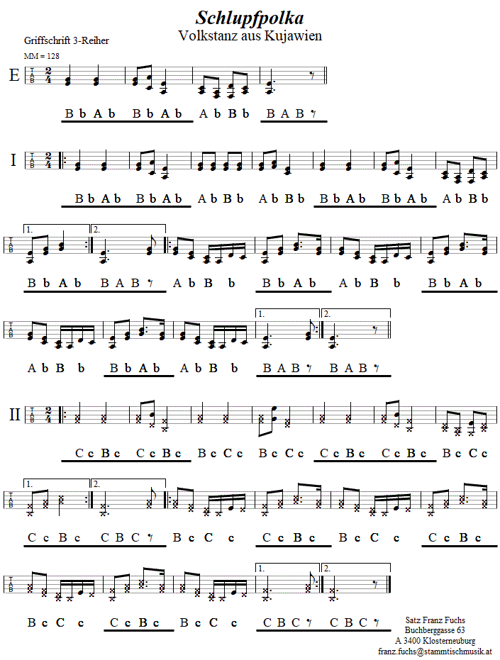 Schlupfpolka in Griffschrift fr Steirische Harmonika. 
Bitte klicken, um die Melodie zu hren.
