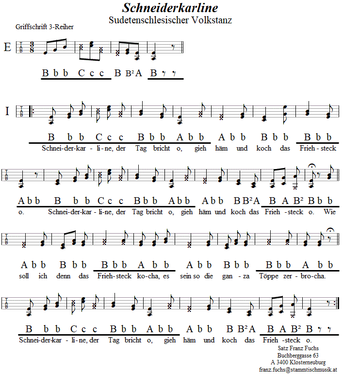 Schneiderkarline in Griffschrift fr Steirische Harmonika. 
Bitte klicken, um die Melodie zu hren.