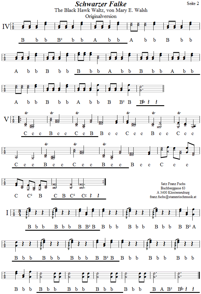 Schwarzer Falke, Originalversion in Griffschrift fr Steirische Harmonika, Seite 2.
Bitte klicken, um die Melodie zu hren.