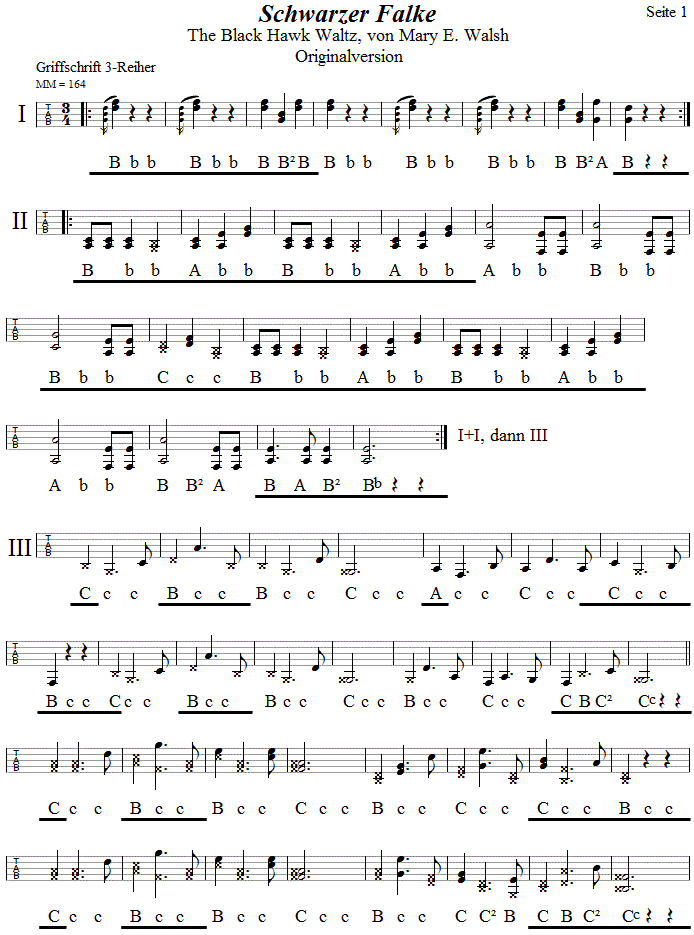 Schwarzer Falke, Originalversion, Seite 1 in Griffschrift fr Steirische Harmonika.
Bitte klicken, um die Melodie zu hren.