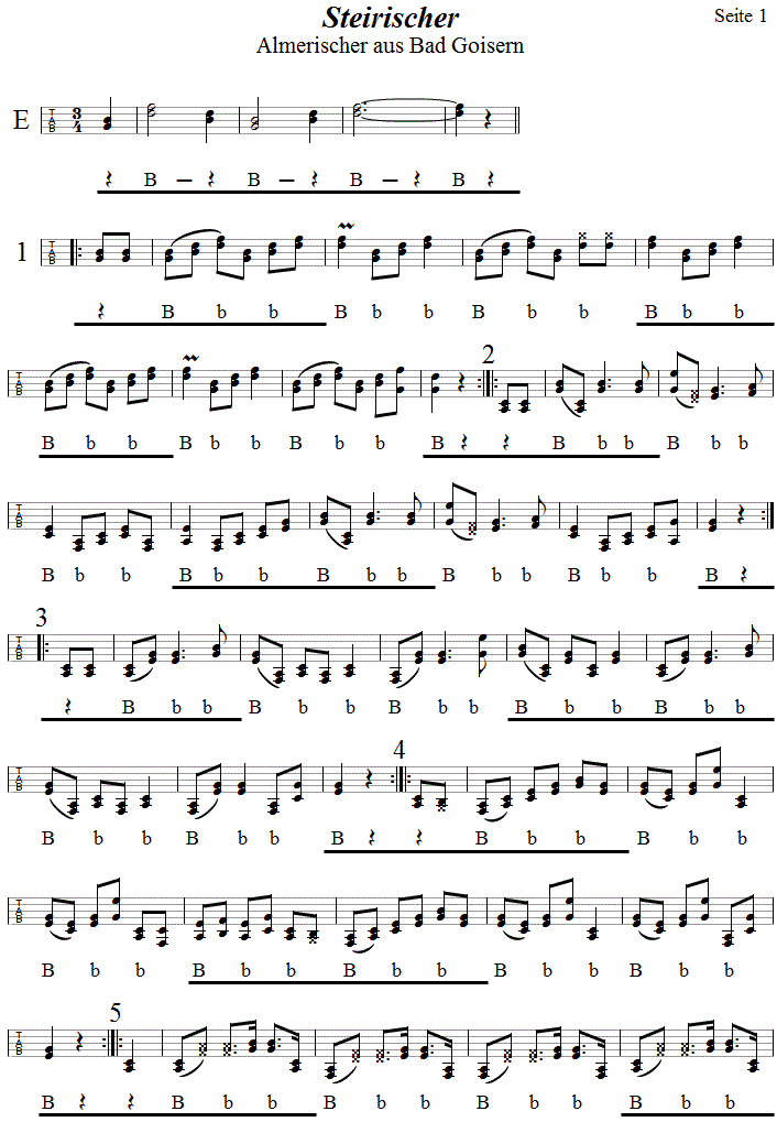 Steirischer (Almerischer) aus Bad Goisern in Griffschrift fr Steirische Harmonika, Seite 1. 
Bitte klicken, um die Melodie zu hren.