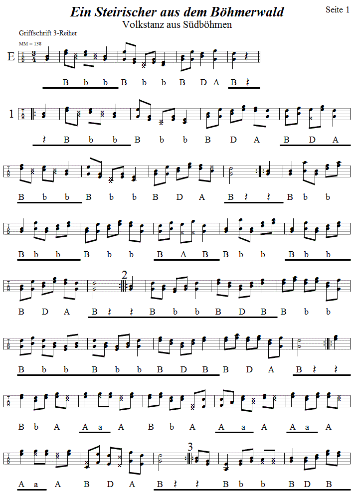 Steirischer aus dem Bhmerwald, Seite 1,  in Griffschrift fr Steirische Harmonika. 
Bitte klicken, um die Melodie zu hren.