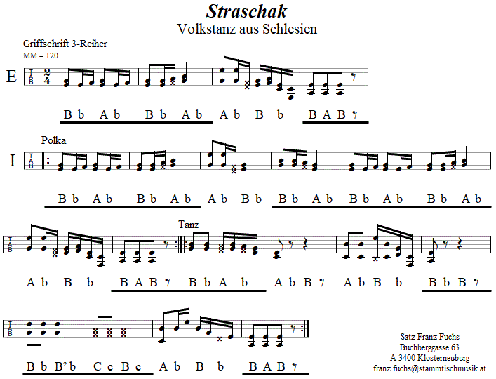 Straschak in Griffschrift fr Steirische Harmonika. 
Bitte klicken, um die Melodie zu hren.