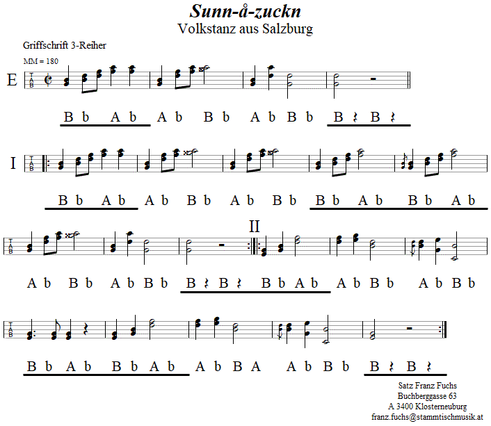 Sunn  zuckn, in Griffschrift fr Steirische Harmonika. 
Bitte klicken, um die Melodie zu hren.
