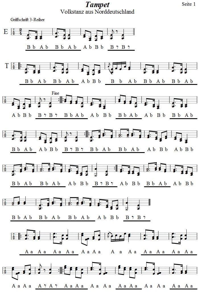 Tampet; Seite 1, in Griffschrift fr steirische Harmonika. 
Bitte klicken, um die Melodie zu hren.