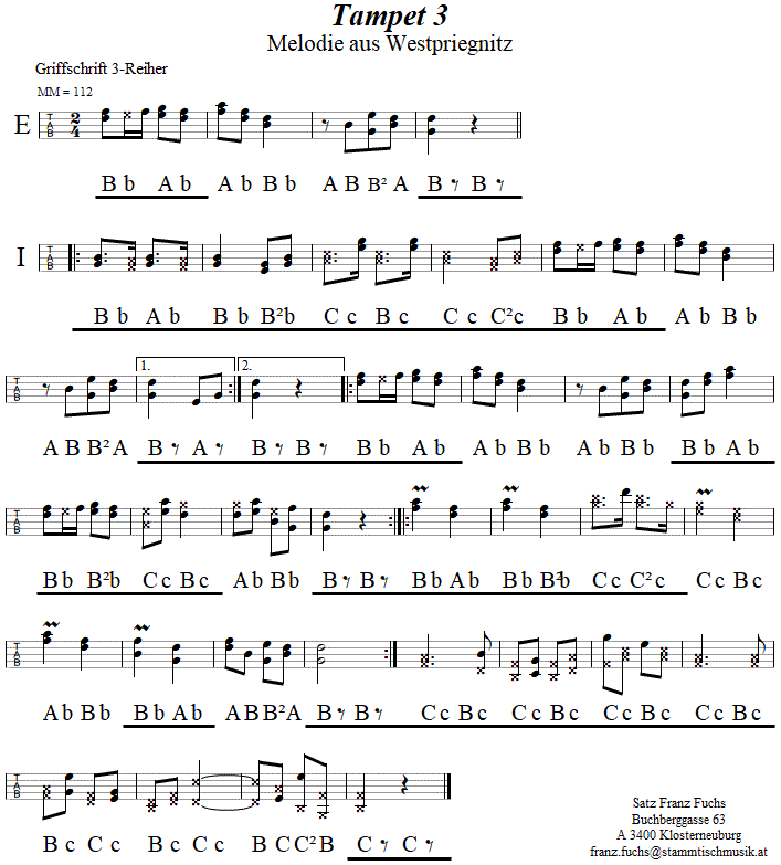 Tampet, 3. Melodie aus Westpriegnitz in Griffschrift fr Steirische Harmonika. 
Bitte klicken, um die Melodie zu hren.