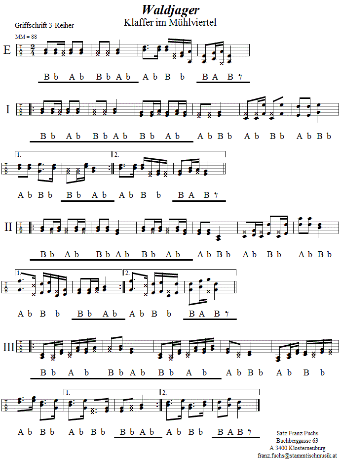 Mhlviertler Waldjger, Melodie aus Klaffer in Griffschrift fr Steirische Harmonika. Bitte klicken, um die Melodie zu hren.