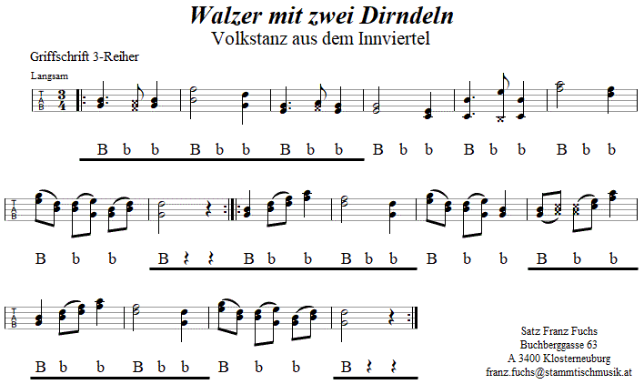 Walzer mit zwei Dirndeln in Griffschrift fr Steirische Harmonika. 
Bitte klicken, um die Melodie zu hren.