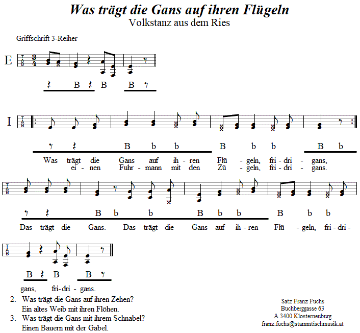 Was trgt die Gans auf ihren Flgeln, in Griffschrift fr Steirische Harmonika. 
Bitte klicken, um die Melodie zu hren.