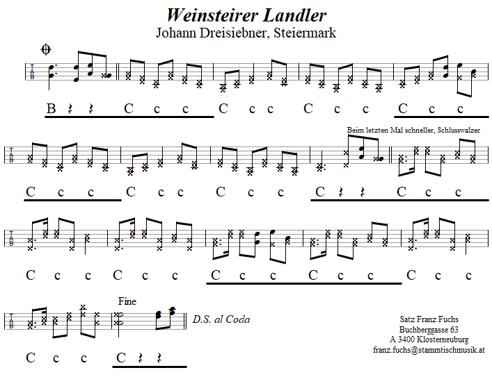 Weinsteirer Landler, Seite 2, in Griffschrift fr Steirische Harmonika. 
Bitte klicken, um die Melodie zu hren.