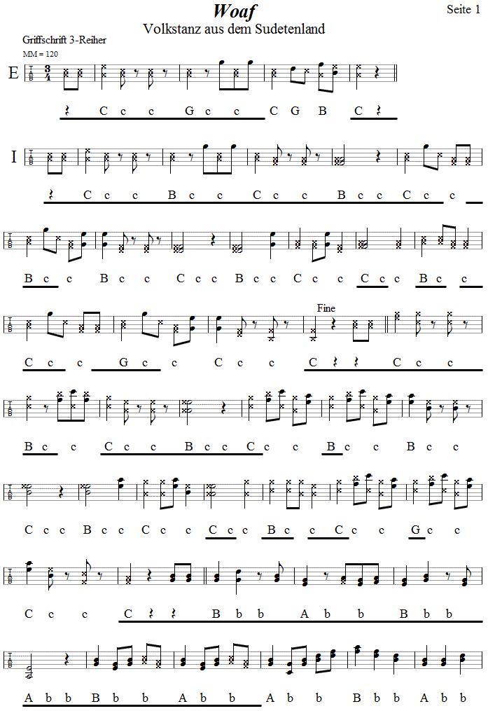 Woaf (Weifentanz), Seite 1, in Griffschrift fr Steirische Harmonika. 
Bitte klicken, um die Melodie zu hren.