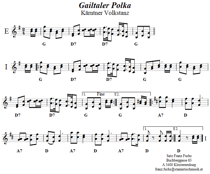 Gailtaler Polka in zweistimmigen Noten. 
Bitte klicken, um die Melodie zu hren.
