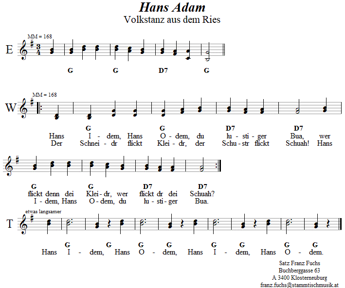 Hans Adam aus dem Ries in zweistimmigen Noten. 
Bitte klicken, um die Melodie zu hren.