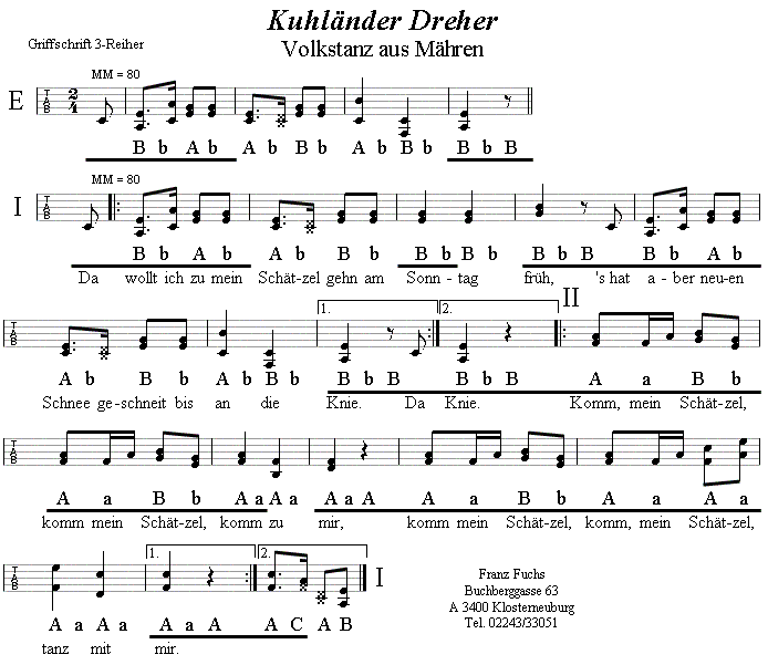 Kuhl�nder Dreher in Griffschrift f�r Steirische Harmonika. 
Bitte klicken, um die Melodie zu h�ren.