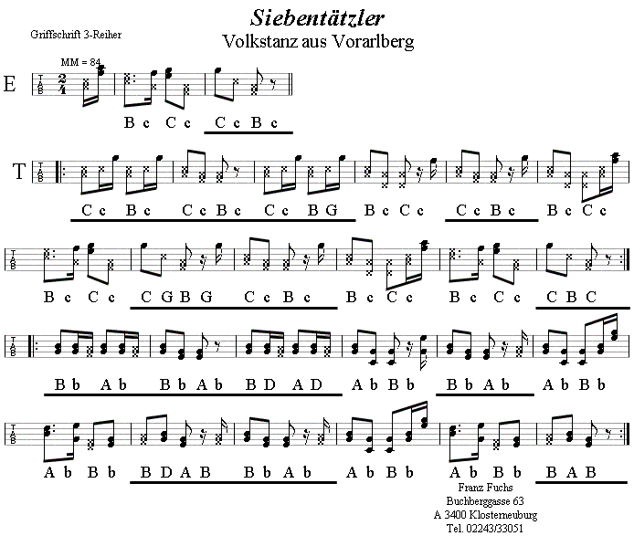 Siebent�tzler in Griffschrift f�r Steirische Harmonika. 
Bitte klicken, um die Melodie zu h�ren.
