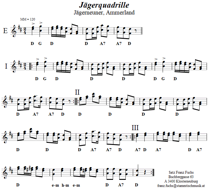 Jgerquadrille (Jgerneuner) in zweistimmigen Noten. 
Bitte klicken, um die Melodie zu hren.