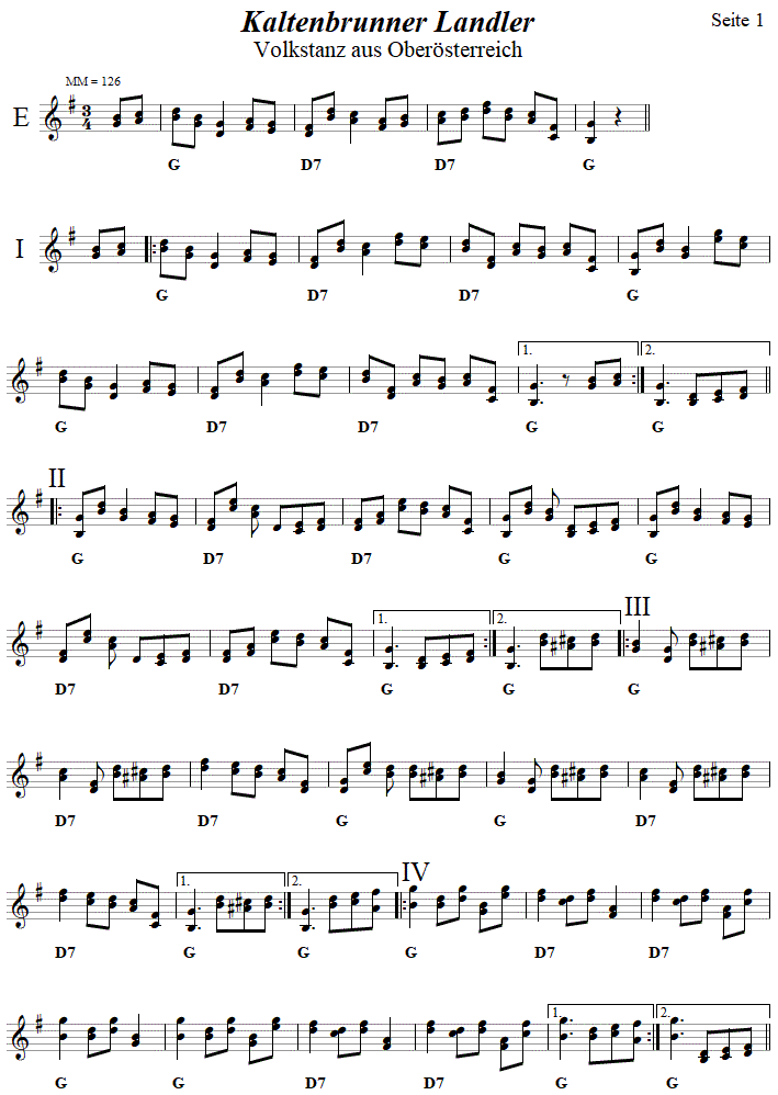 Kaltenbrunner Landler in zweistimmigen Noten, Seite 1. 
Bitte klicken, um die Melodie zu hren.