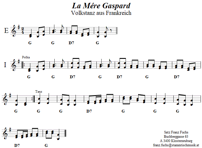 La Mre Gaspard in zweistimmigen Noten. 
Bitte klicken, um die Melodie zu hren.