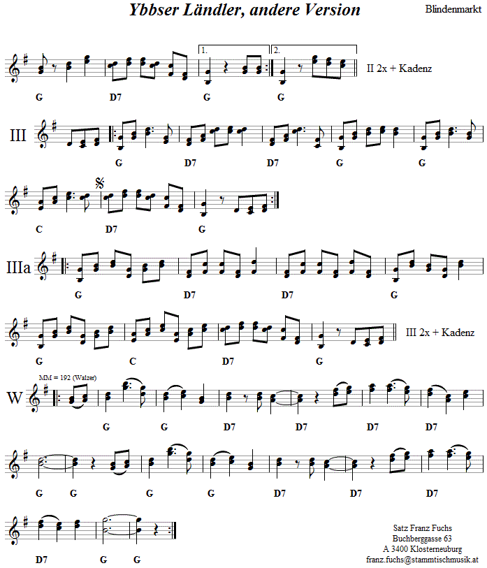 Ybbsfelder Landler, Originalmelodie in zweistimmigen Noten, Seite 2. 
Bitte klicken, um die Melodie zu hren.