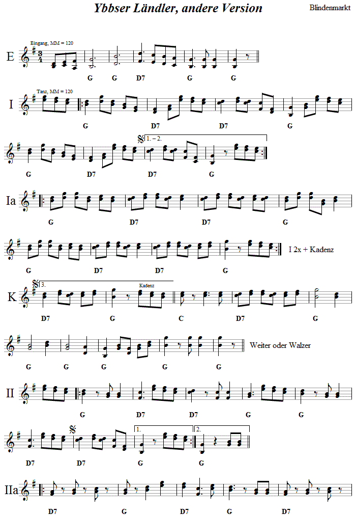 Ybbsfelder Landler, Originalmelodie in zweistimmigen Noten, Seite 1. 
Bitte klicken, um die Melodie zu hren.