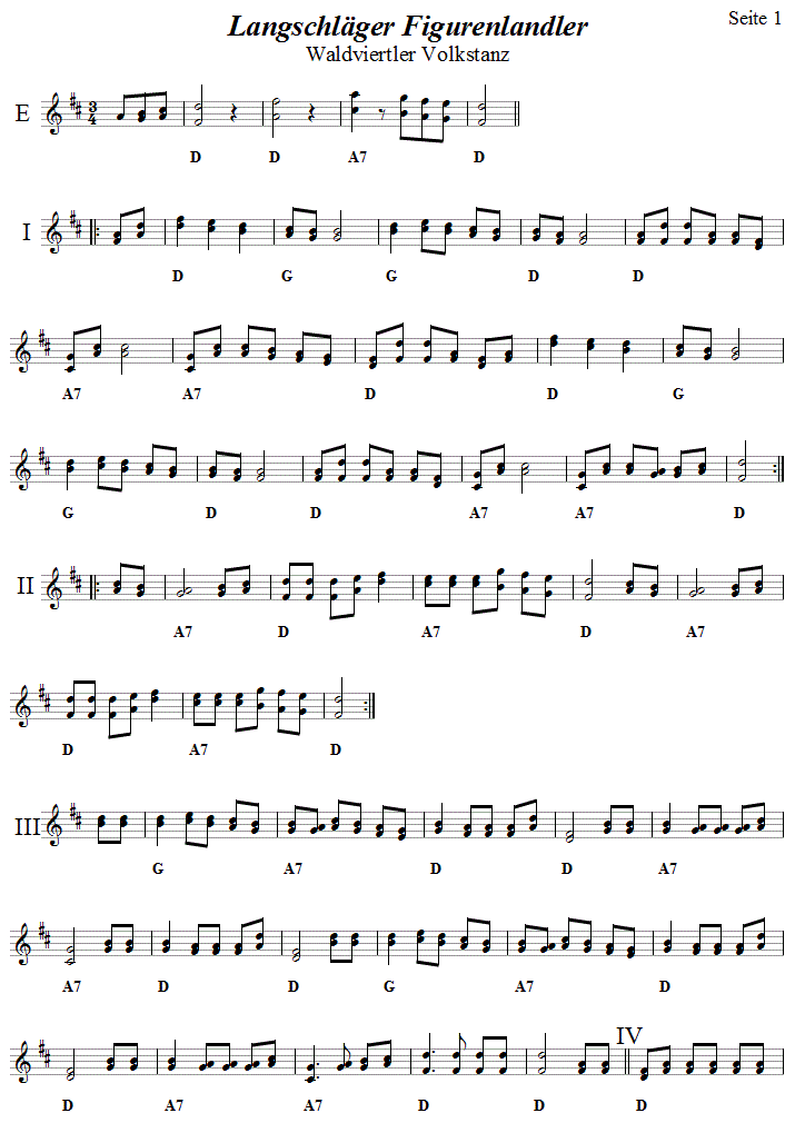 Langschlger Figurenlandler Seite 1 in zweistimmigen Noten. 
Bitte klicken, um die Melodie zu hren.