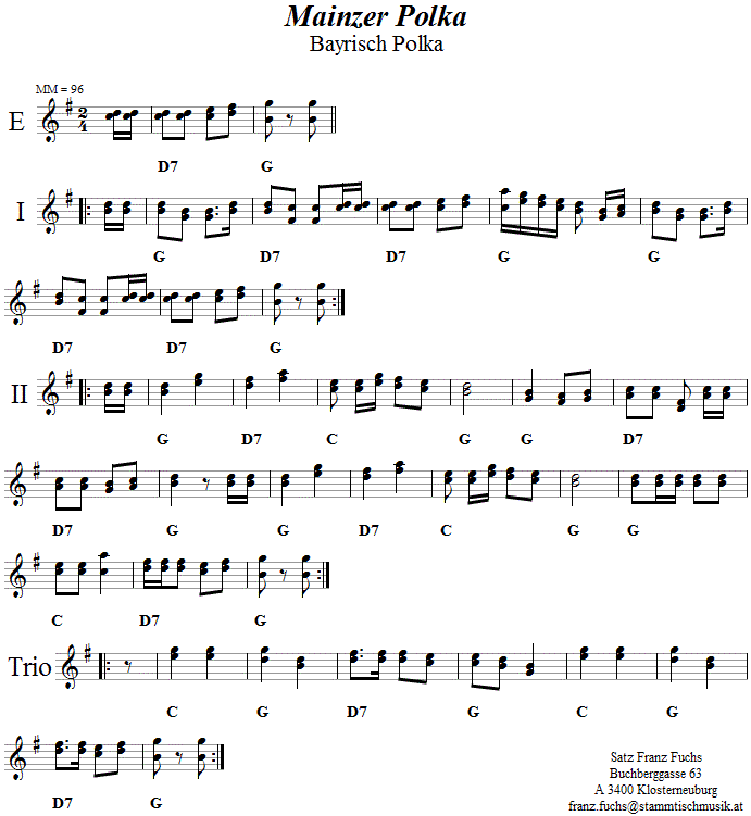 Mainzer Polka (Bayrisch Polka, Boarisch) in zweistimmigen Noten.
Bitte klicken, um die Melodie zu hren.