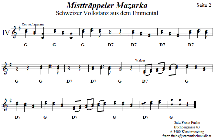 Misttrppeler Mazurka, Seite 2, in zweistimmigen Noten.
Bitte klicken, um die Melodie zu hren.