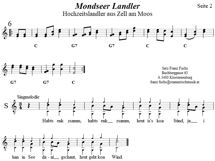 Mondseer Landler (Hochzeitslandler aus Zell am Moos), Seite 2, in zweistimmigen Noten. 
Bitte klicken, um die Melodie zu hren.