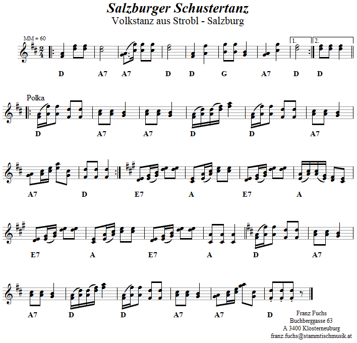 Salzburger Schustertanz in zweistimmigen Noten.
Bitte klicken, um die Melodie zu hren.