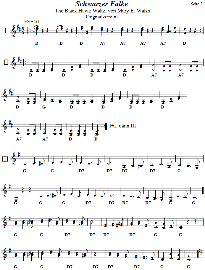 Schwarzer Falke, Originalversion, Seite 1 in zweistimmigen Noten.
Bitte klicken, um die Melodie zu hren.