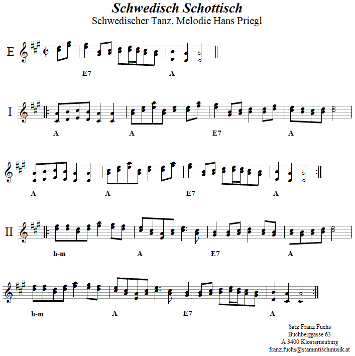 Schwedisch Schottisch, Melodie von Hand Priegl, in zweistimmigen Noten. 
Bitte klicken, um die Melodie zu hren.
