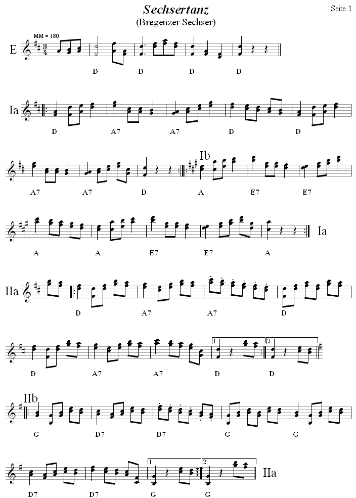 Bregenzer Sechsertanz, Seite 1 in zweistimmigen Noten. 
Bitte klicken, um die Melodie zu h�ren.