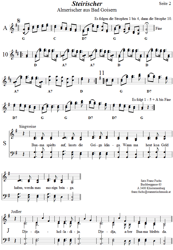 Steirischer (Almerischer) aus Bad Goisern in zweistimmigen Noten, Seite 2. 
Bitte klicken, um die Melodie zu hren.