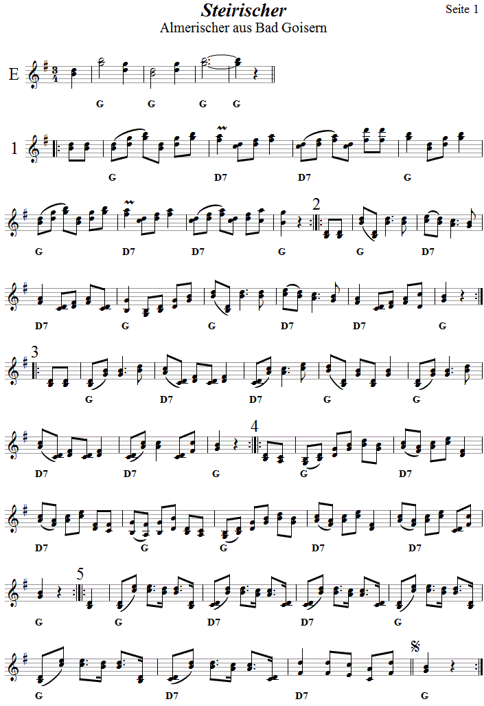 Steirischer (Almerischer) aus Bad Goisern in zweistimmigen Noten, Seite 1. 
Bitte klicken, um die Melodie zu hren.