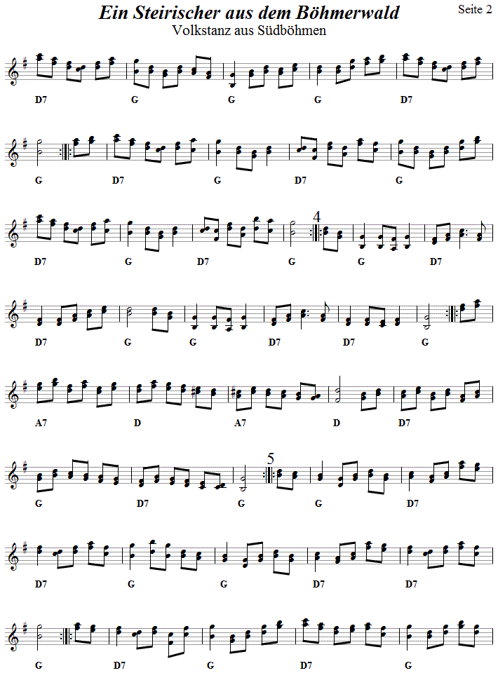 Steirischer aus dem Bhmerwald, Seite 2,  in zweistimmigen Noten. 
Bitte klicken, um die Melodie zu hren.